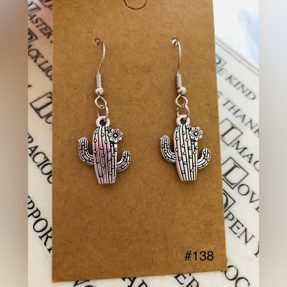 #138 | Silver Cactus with Flower Dangle Earrings